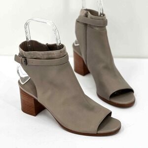 VINCE Jane Bootie Women 11 Taupe Gray Open Toe Leather Slingback Block Heel